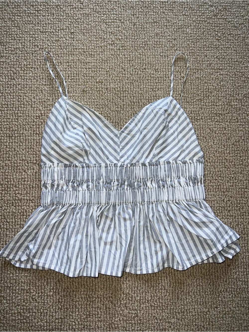 Express Striped Gray & White Smocked Babydoll Cami Top